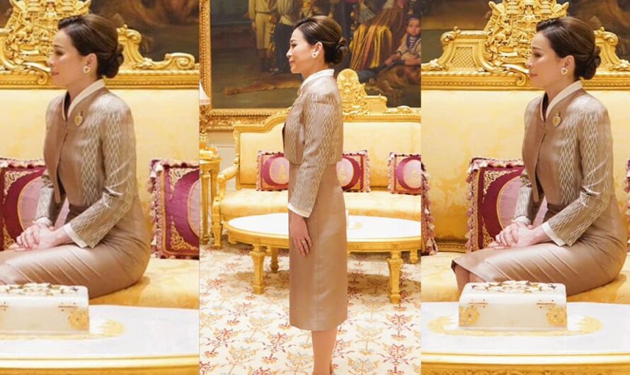 สง่างาม พระราชีนิทรงฉลองพระองค์ผ้าไหมมัดหมี่ ลายเอื้อ