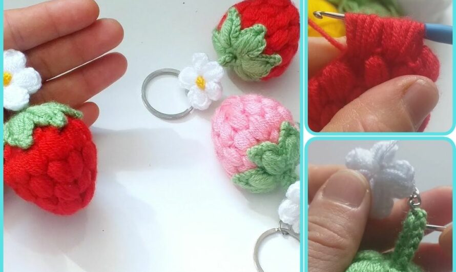 How to Make 👉SUBTITLED 🍓PUFF PUFF 🍓CROCHET STRAWBERRY KEYCHAIN ​​/PUF PUF STRAWBERRY KEYCHAIN