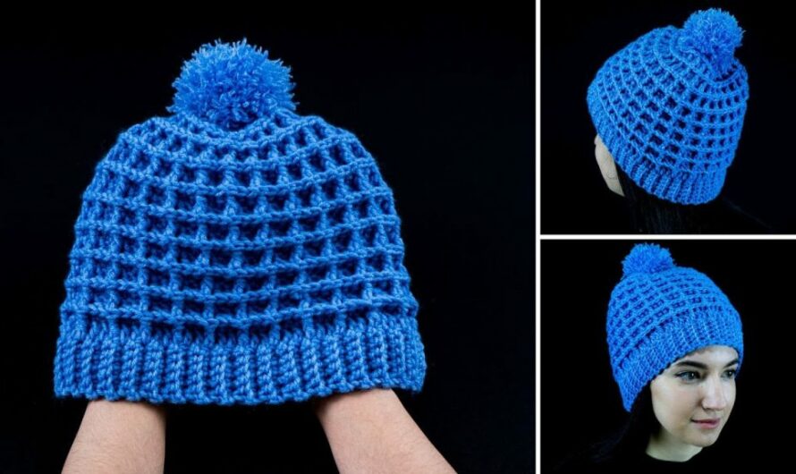 a crochet hat with the patterns “Waffle” for beginners